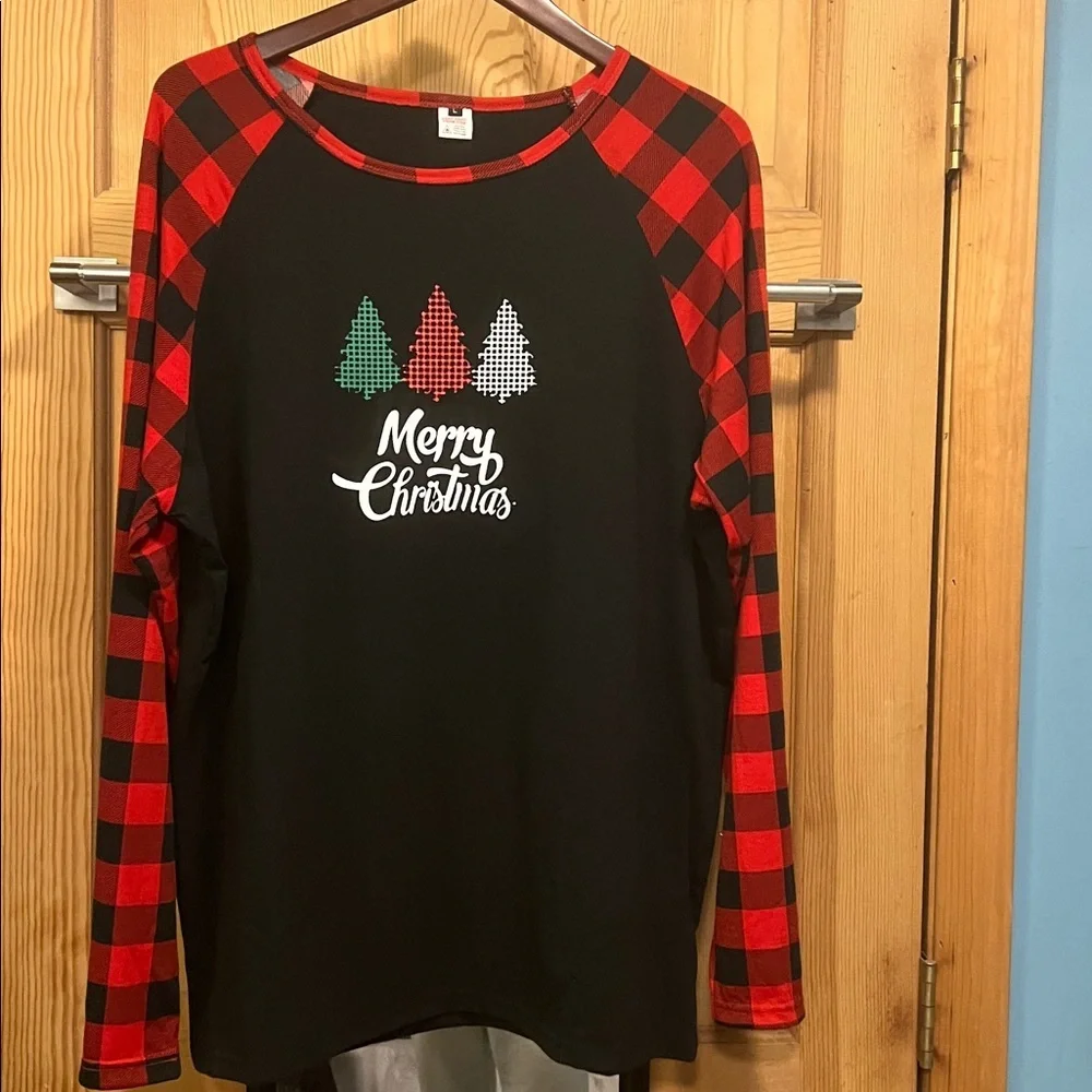 Plaid Sleeve Merry Christmas Sleep Top Oversized Sz L - Picture 2 of 5